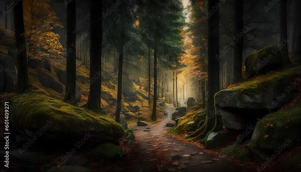 A path in the forest with a green background and a tree on the left - obrazy, fototapety, plakaty 