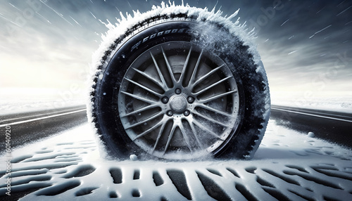 frozen tire in winter weather in the middle of the road photo