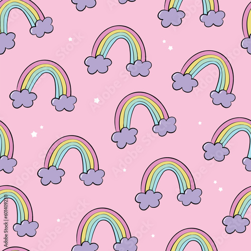 rainbows seamless pattern with doodles on pink background for nursery prints, wallpaper, scrapbooking, stationary, etc. EPS 10