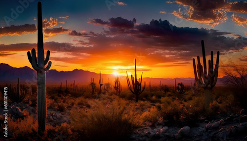 Sunset in the desert, Wild cactus in the foreground and sunset in the background