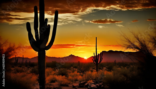 Sunset in the desert, Wild cactus in the foreground and sunset in the background © Oleksandr