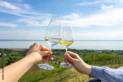 romantic celebratory toast with wine glasses in a Vineyard wine garden at Lake Balaton in Baracsony Hungray with beautiful view photo
