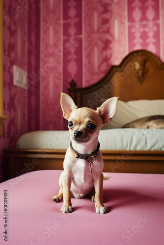 chihuahua puppy sitting on a pink sofa, generative ai © FOXIESTOCK