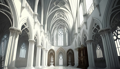 Inside a white church with columns and large windows.