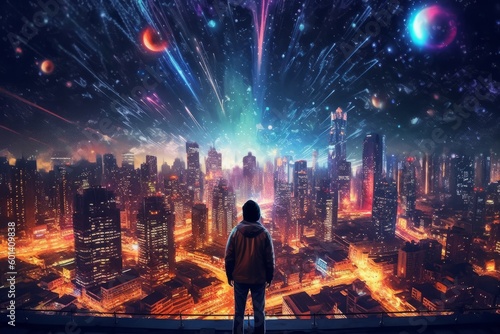 A person standing in a city street with a galaxy-filled sky as the background