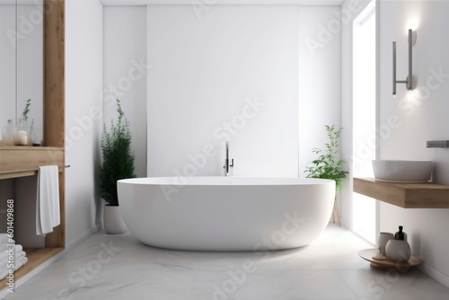 mirror interior luxury architecture white home bathtub bathroom modern house wood. Generative AI.