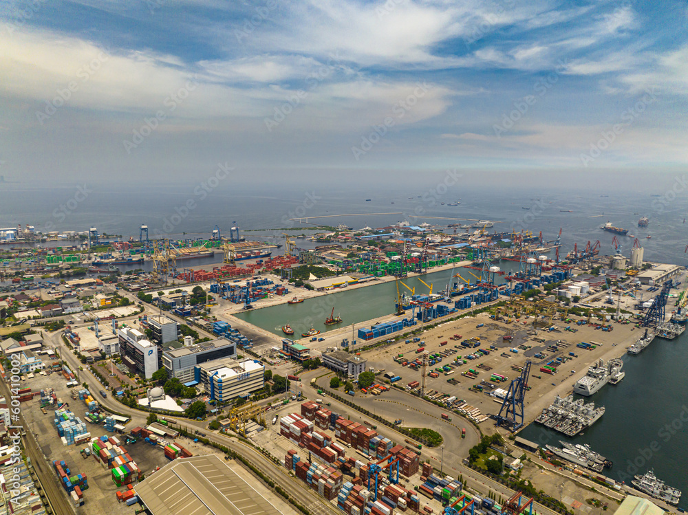 Sea cargo port with containers and cranes. Tanjung Priok port. Indonesia.