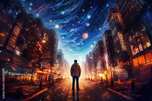 A person standing in a city street with a galaxy-filled sky as the background