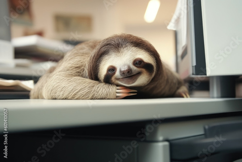 Sloth like a lazy tired man at the office desk, lacking motivation concept. Generative AI photo
