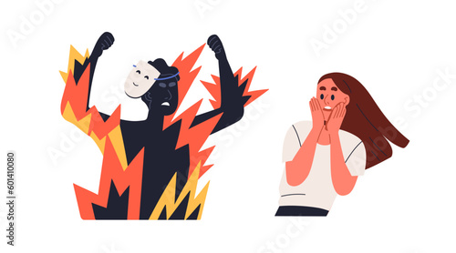 Showing real face, hatred emotion. Mad crazy evil man, abuser revealing cruel violent hating person behind fake mask, unmasking. Flat graphic vector illustration isolated on white background