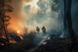 A huge wildfire in a forest with dense smoke and flames. Dangerous wildfire in a jungle and firefighters trying to put out the fire. A forest fire and firefighter concept. Generative AI.