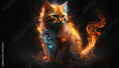 Close-up of a cat enveloped in fire on a black background, Generative by AI