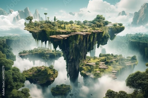 A surreal landscape with floating islands and a waterfall that defies gravity © Suplim