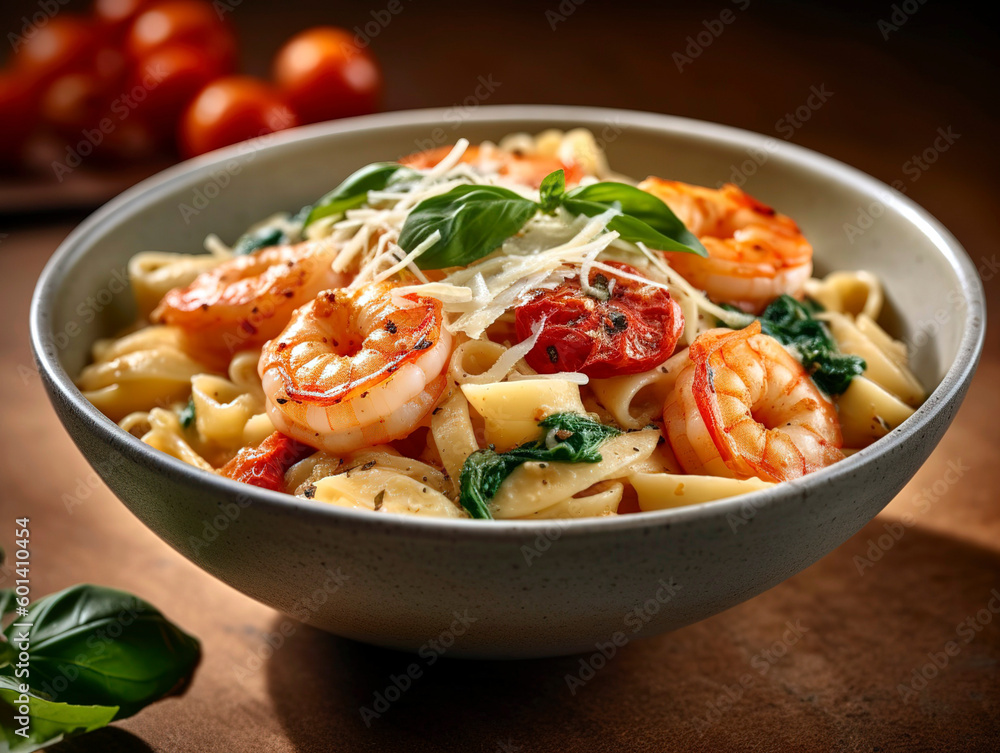 Bowl of creamy pasta with sautéed shrimp, cherry tomatoes, and fresh basil leaves, emphasizing the rich sauce, plump shrimp, and al dente pasta. Bowl of creamy pasta with sautéed shrimp, cherry tomatoes, and fresh basil leaves, emphasizing the rich sauce, plump shrimp, and al dente pasta.