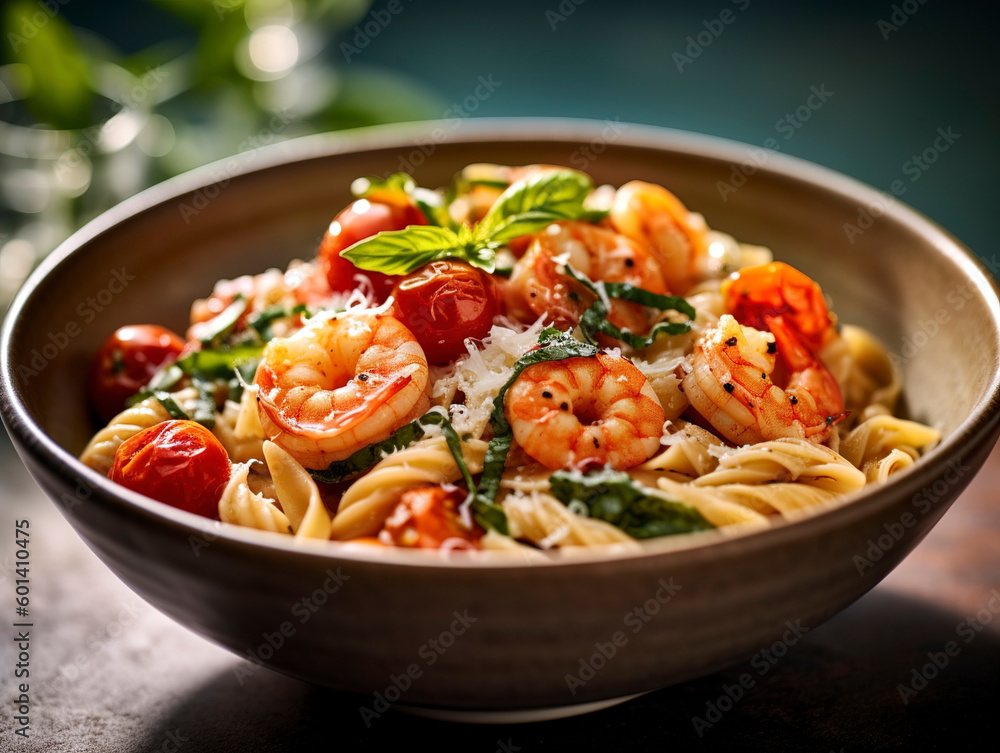 Bowl of creamy pasta with sautéed shrimp, cherry tomatoes, and fresh basil leaves, emphasizing the rich sauce, plump shrimp, and al dente pasta. Bowl of creamy pasta with sautéed shrimp, cherry tomatoes, and fresh basil leaves, emphasizing the rich sauce, plump shrimp, and al dente pasta.