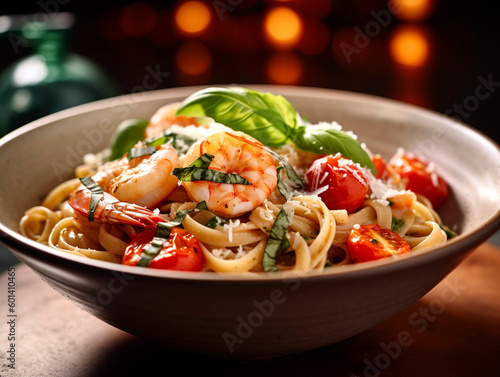 Bowl of creamy pasta with saut  ed shrimp  cherry tomatoes  and fresh basil leaves  emphasizing the rich sauce  plump shrimp  and al dente pasta.