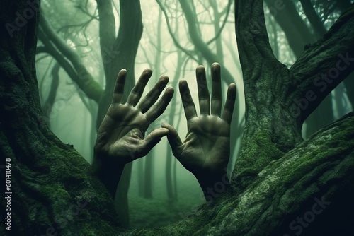 A forest with trees that have human hands