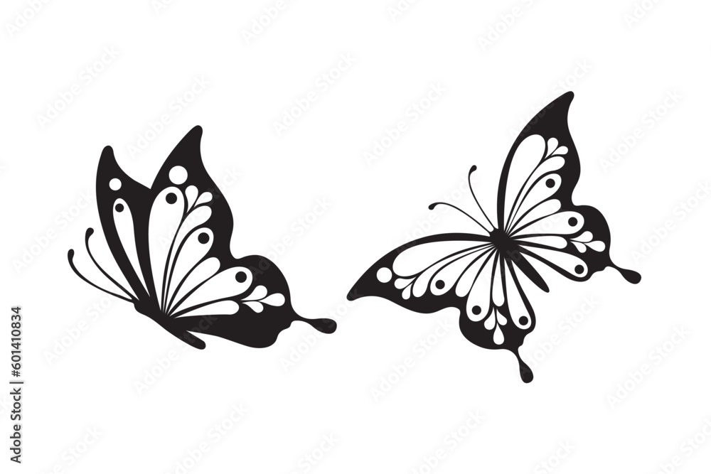 Butterfly shapes on white background for decorative design. Black ...
