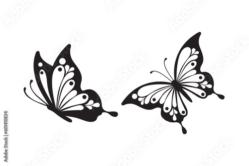 Butterfly shapes on white background for decorative design. Black butterfly close-up design element side view vector icon