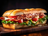 Baguette sandwich filled with layers of deli meats, cheese, lettuce, and tomato.