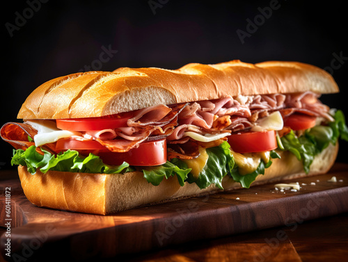 Baguette sandwich filled with layers of deli meats, cheese, lettuce, and tomato.