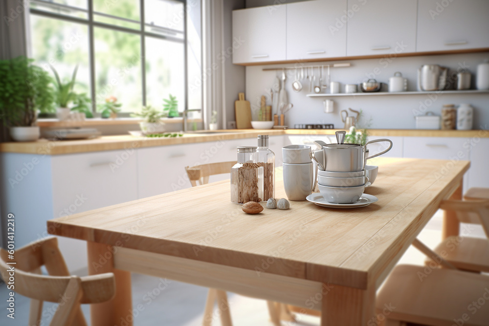 A kitchen with a white table and a window with the sun shining through it, Generative AI A kitchen with a white table and a window with the sun shining through it, Generative AI