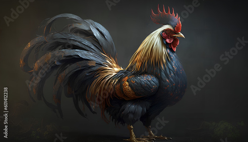 Rooster standing in a strong pose on a gray background, Generative by AI © Oleksandr