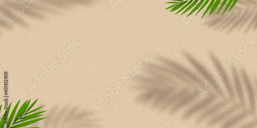 Sand texture background with palm leaves silhouette,Coconut leaf Shadow on Brown Sandy Beach,Vector top view Sand Surface,Backdrop background Wide Horizon Desert dune for Summer Product Presentation