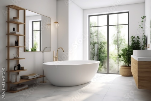 architecture home interior bathtub house bathroom beautiful modern white wood luxury. Generative AI.