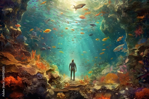 A captivating underwater image that features a person walking on the ocean floor  surrounded by the colorful marine life