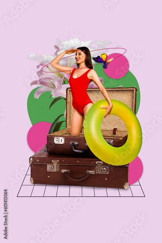 Composite collage of sporty young girl wear swimsuit find adventures hold rubber lifebuoy packing clothes bags isolated on pink background photo