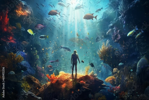 A captivating underwater image that features a person walking on the ocean floor, surrounded by the colorful marine life