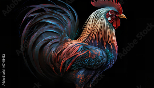 Rooster standing in a strong pose on a black background, Generative by AI