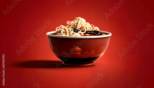 a bowl of freshly cooked noodles on a red background, Generative by AI
