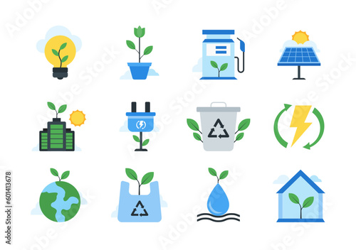 Environment icon set. Ecology, renewable energy, solar panel, battery, earth, water, vector pack. Suitable for many purposes.