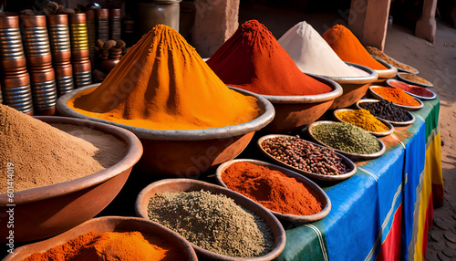 Indian market with bowls containing a large number of different types of spices, Generative by AI