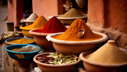 Indian market with bowls containing a large number of different types of spices, Generative by AI