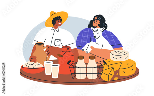 Farmers couple with dairy products, goat milk, cheese and curd. Local natural food, healthy agriculture production, nutrition at farm market. Flat vector illustration isolated on white background