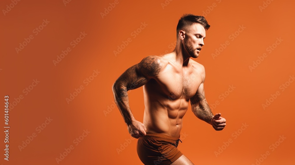 Portrait of a handsome muscular man running on a orange background.Generative Ai Portrait of a handsome muscular man running on a orange background.Generative Ai