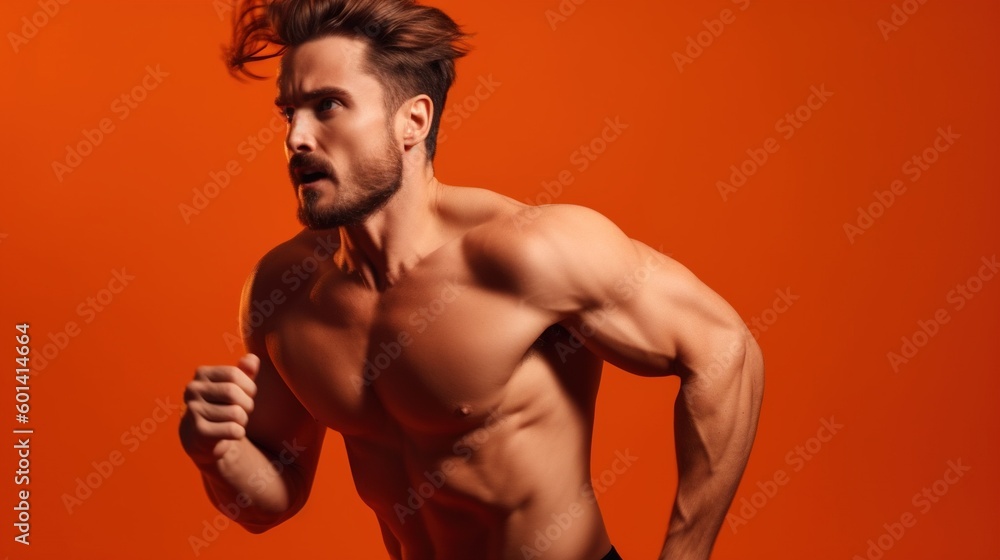 Portrait of a handsome muscular man running on a orange background.Generative Ai Portrait of a handsome muscular man running on a orange background.Generative Ai