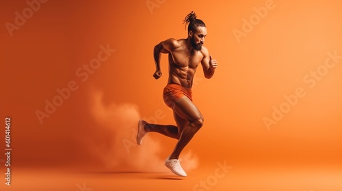 Portrait of a handsome muscular man running on a orange background.Generative Ai