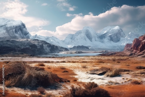 a desert with a snow-capped mountain
