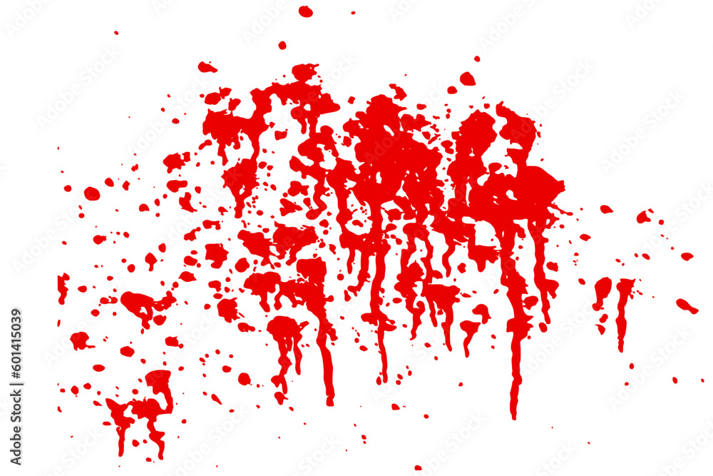 Bunch of red blood blots with leaks on white background. Scarlet wine or sauce splash on wall. Watercolor spatter texture. Abstract vector illustration. Runny liquid ink. Horror grunge pattern