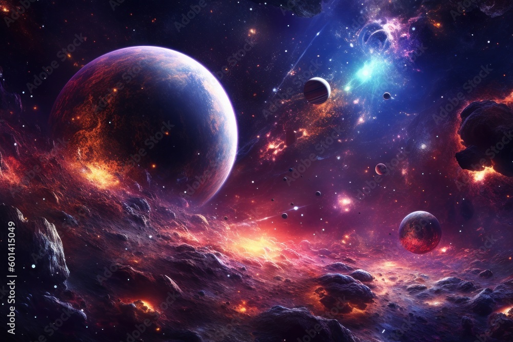 A space scene with planets, stars, and other cosmic bodies