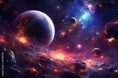 A space scene with planets, stars, and other cosmic bodies