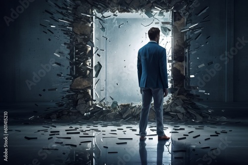 A person standing in front of a shattered mirror environment