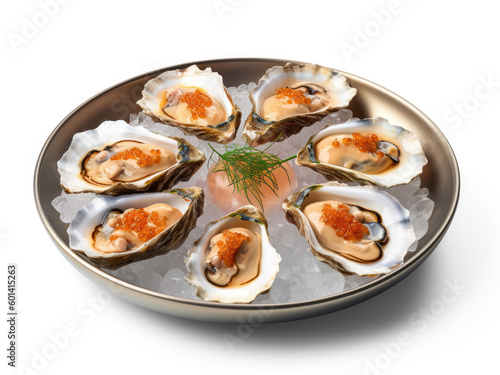 A dish with oysters on a white background