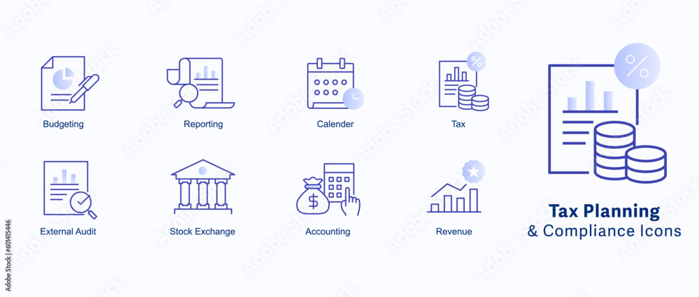 Fototapeta premium Tax Planning and Compliance Icons. Tax management icons, Tax strategy icons, Tax optimization icons, Tax regulations icons. Editable Stroke.
