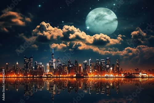  city skyline at night with a full moon in the background