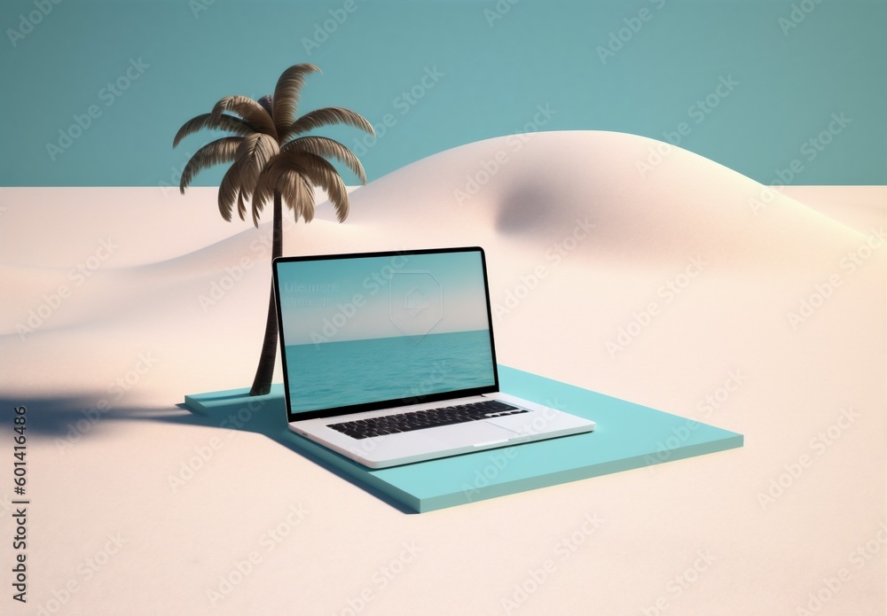 tropical laptop summer palm computer tree travel concept beach vacation. Generative AI.